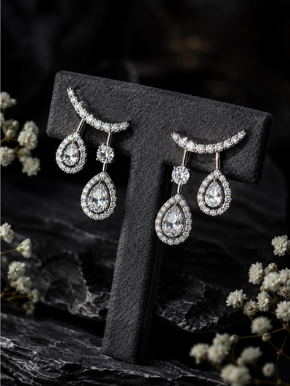 Silver Teardrop Crystal Dangle Earrings - Silver